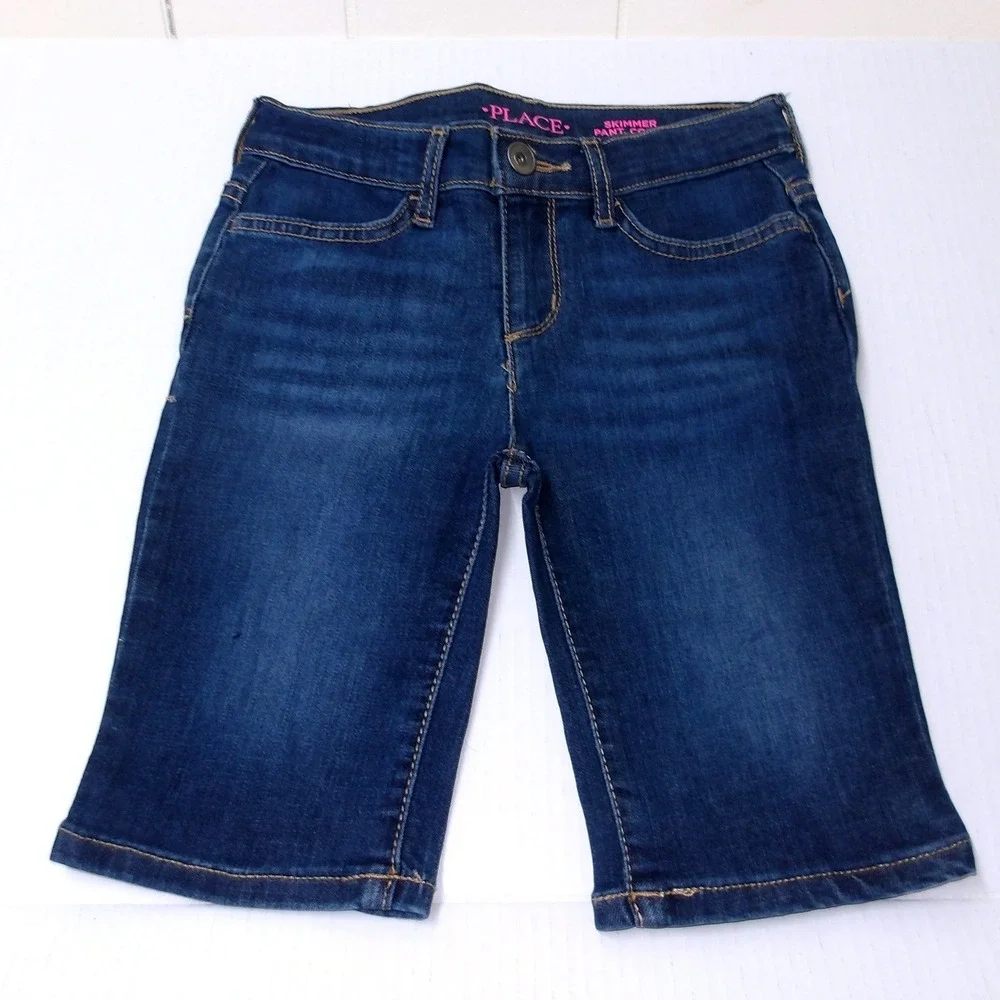 The Childrens Place Girls Dark Wash Denim Skimmer Bermuda Shorts Size6x/7 #26297